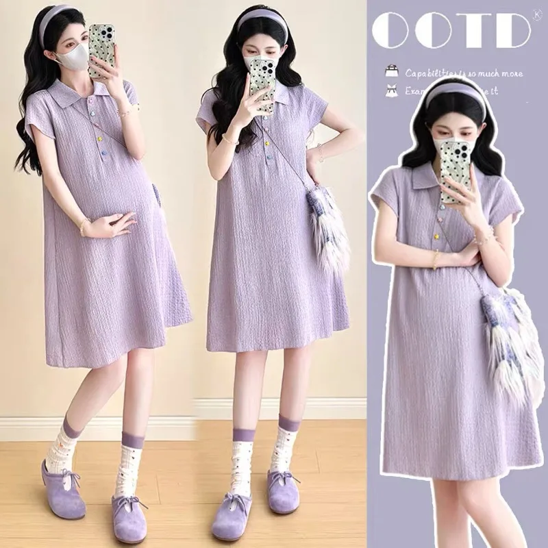 Summer New Maternity Dress with Loose Neck, Belly-Covering, Slimming Short Sleeve for Trendy Moms, Women's Summer Wear