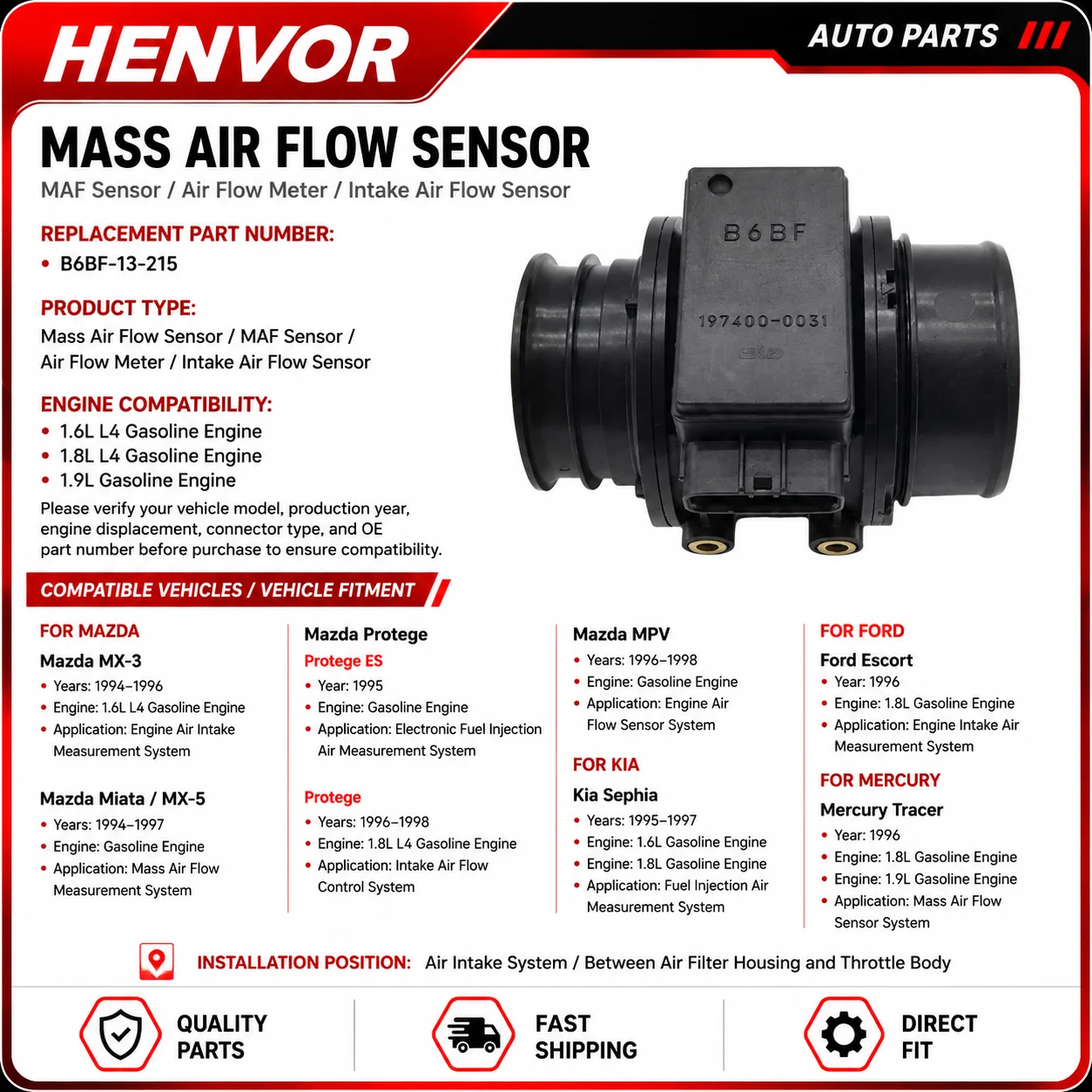 B6BF-13-215 Mass Air Flow Sensor MAF Meter For Mazda MX-3 Miata Protege MPV Kia Sephia Ford Escort 1.6 1.8L