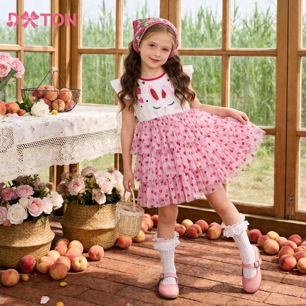 DXTON Summer Princess Tutu Girls Dress Rabbit Ear Print Children Clothes Heart Layer Cake Toddler Girls Birthday Party Dresses