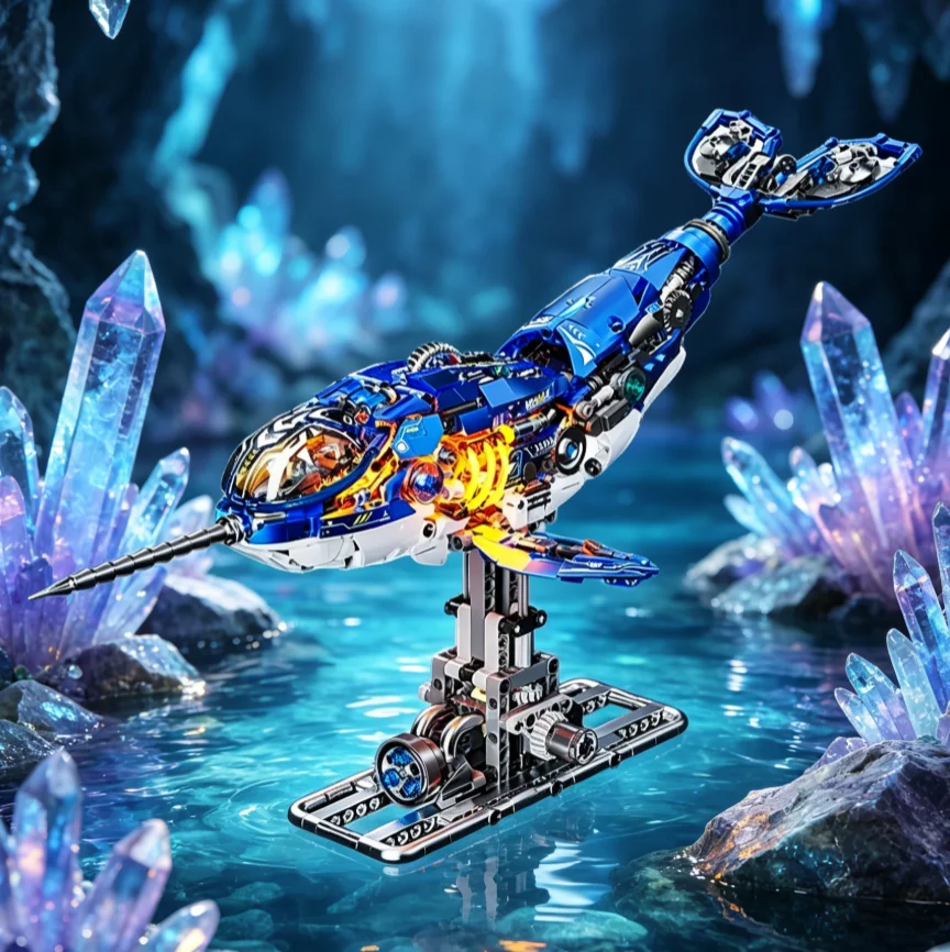 13155 1288PCS Mechanical Narwhal Building Blocks, Motor‑Driven Movable Marine Whale Model With Light, DIY Hobby Collectible Gift