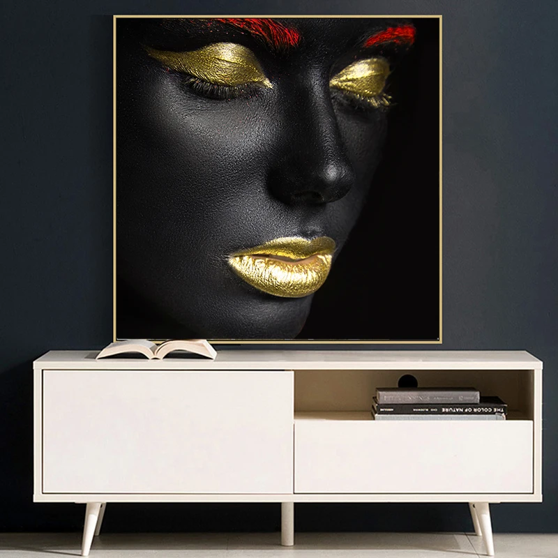 African Art Black and Gold Woman with Necklace on Canvas Painting and Posters Scandinavian Wall Picture Living Room Unstretched