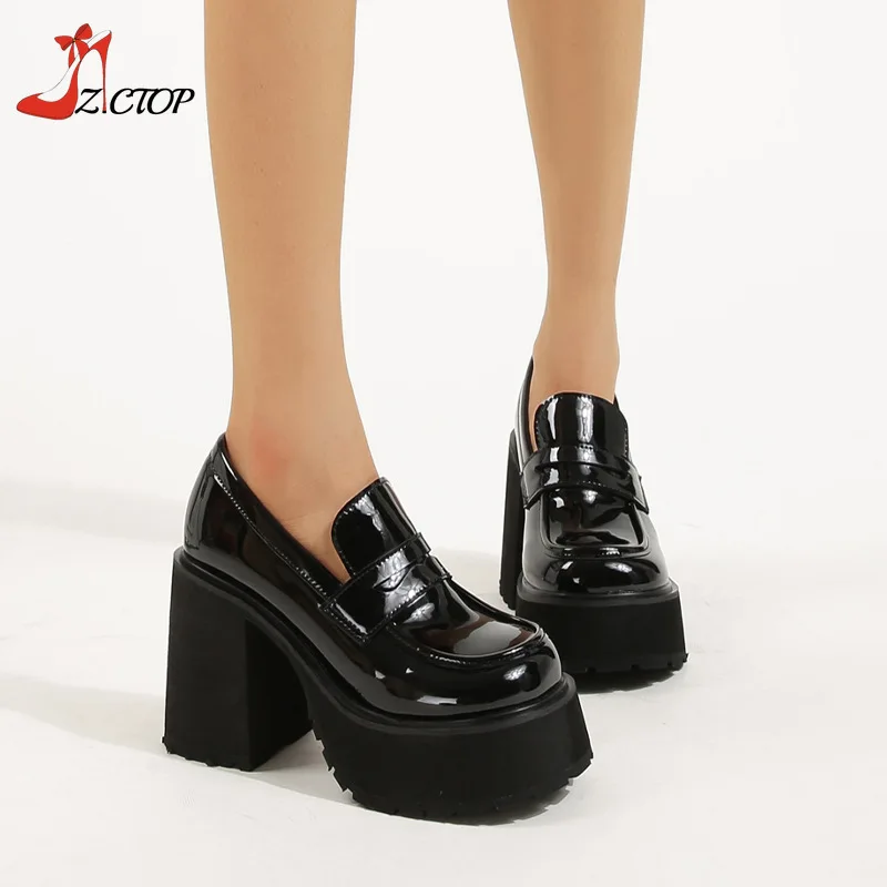 

Women Platform Chunky High Heels Black Patent Leather Pumps 10CM Super High Heel Lolita Y2k Mary Jane Loafers Shoes Big Size 43