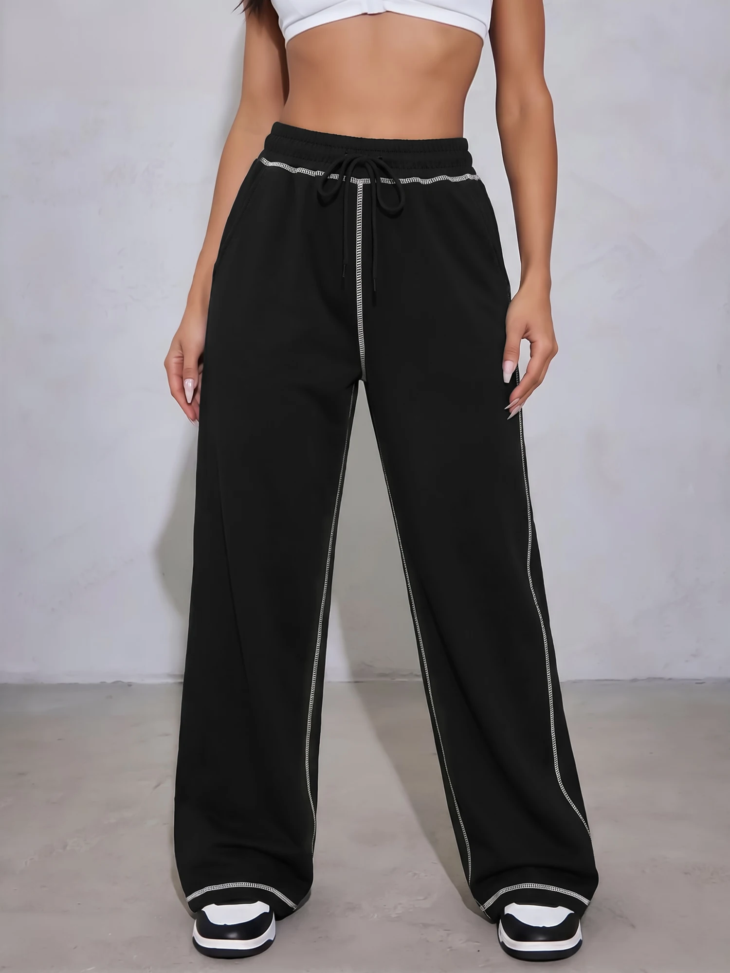 Trendy Contrast Seam Wide Leg Pants For Women Solid Color Elastic Drawstring Waist Street Casual Sweatpants
