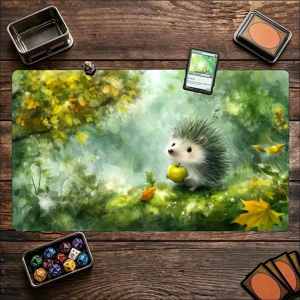 Watercolor Hedgehog TCG Playmat Large Non Slip Rubber Mat Smooth Cloth Surface Trading Card Battle Pad For Tabletop Card Gaming