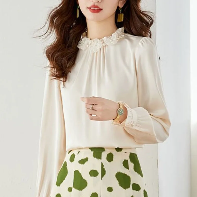 2023 Spring New Long Sleeve Female Clothing Round Neck Pullovers Fashion Tops Pleated Elegant Solid Color Chiffon Shirt