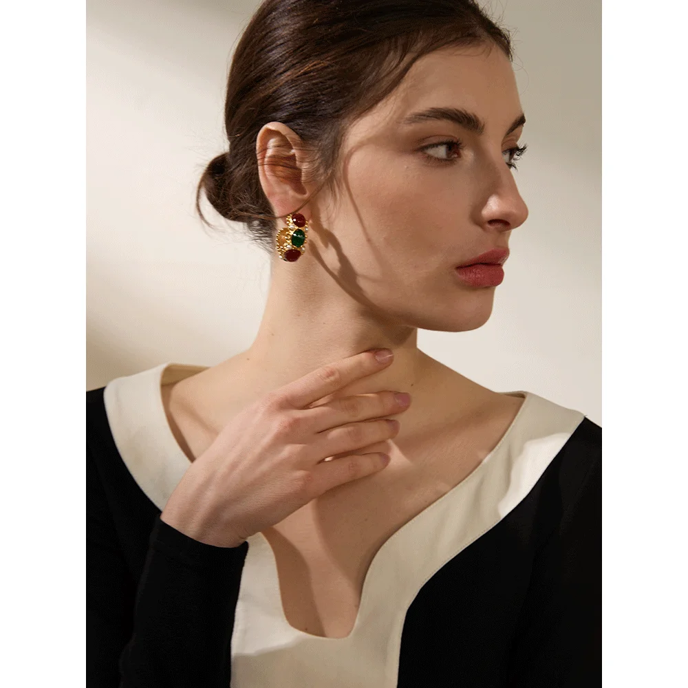 Yhpup Stainless Steel C-Shaped French Charm Earrings Jewelry Vintage Red Green Resin Stone Imitation Pearls Gold Color Bijoux