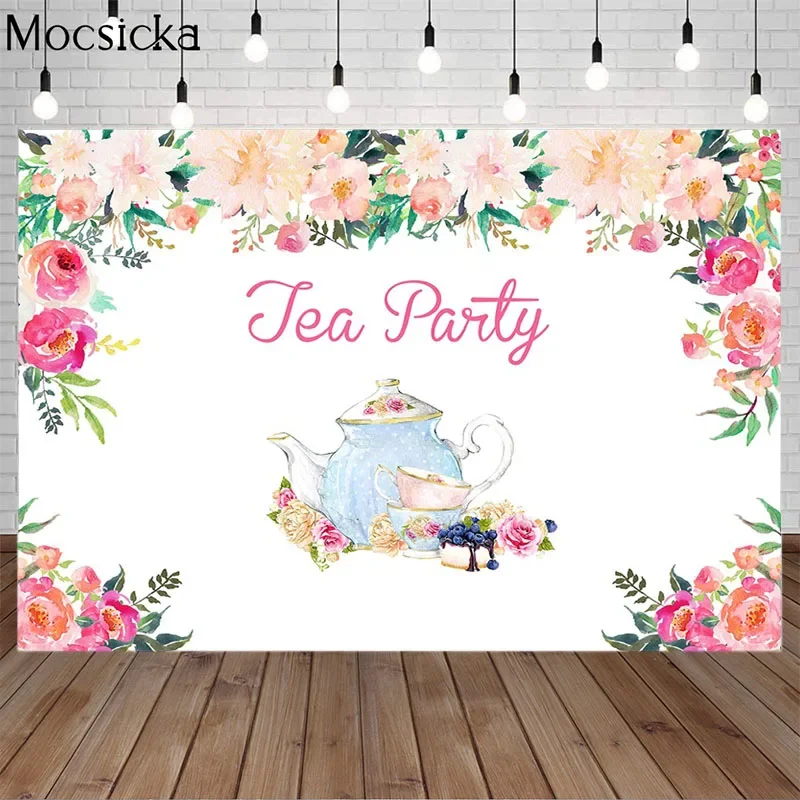 

Tea Party Theme Birthday Backdrop Watercolor Floral Porcelain Cup Photo Background Dessert Table Decorations Banner Backdrops