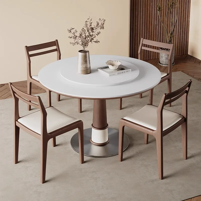 

Slate solid wood round dining table French medium and ancient style small apartment household walnut color dining table r