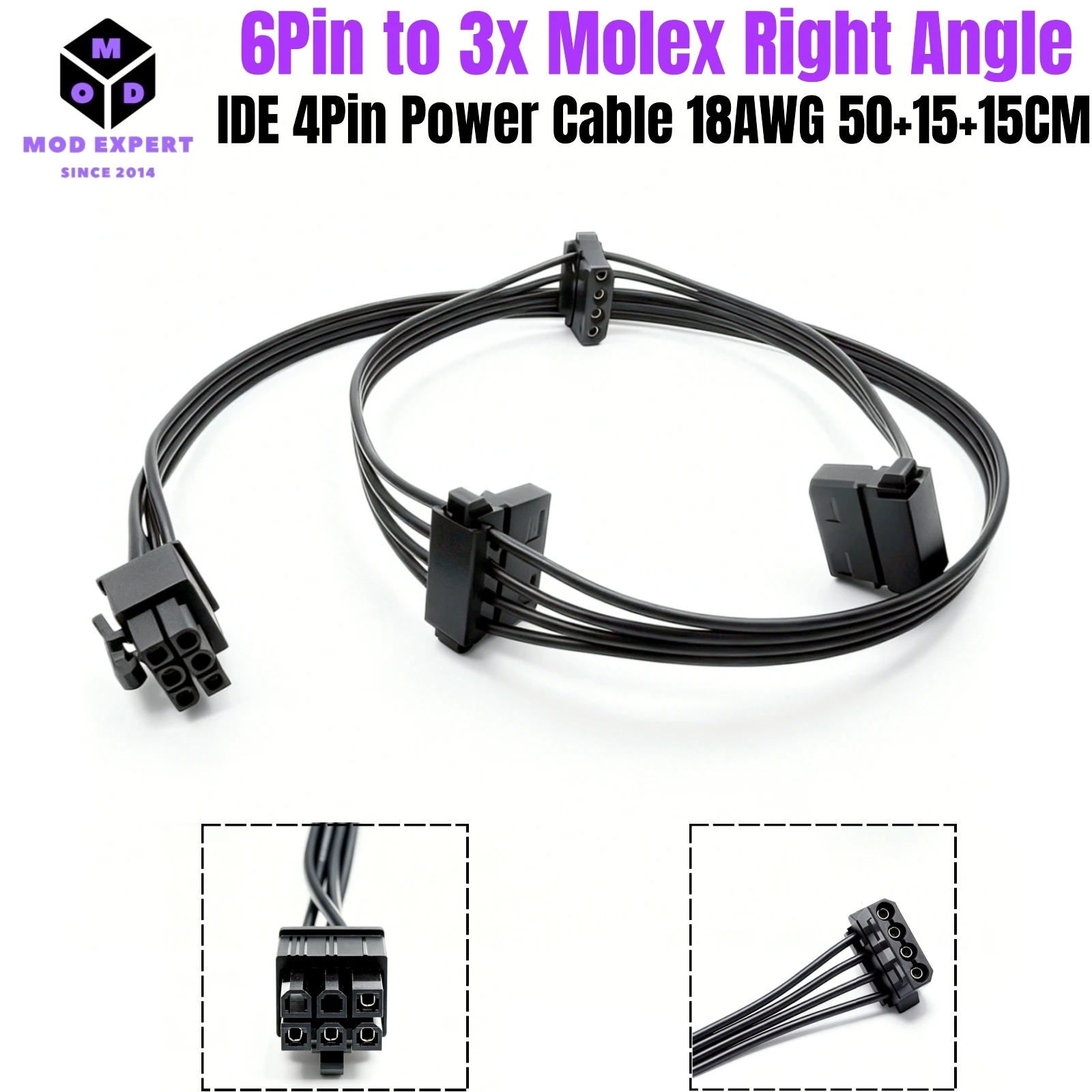 

6Pin to 3x Molex IDE 4Pin Right Angle, PATA PERIF Power Cable for Corsair AX1600i, AX1000, AX850 TITANIUM Type 4 Modular Powers