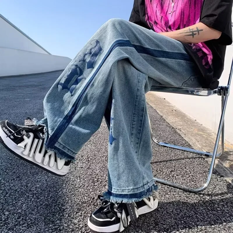 

2025 New Blue Goth Letter Print Baggy Jeans For Men Y2K Vintage Streetwear Straight-leg Denim Pants Hip Hop Fashion Jean Pants