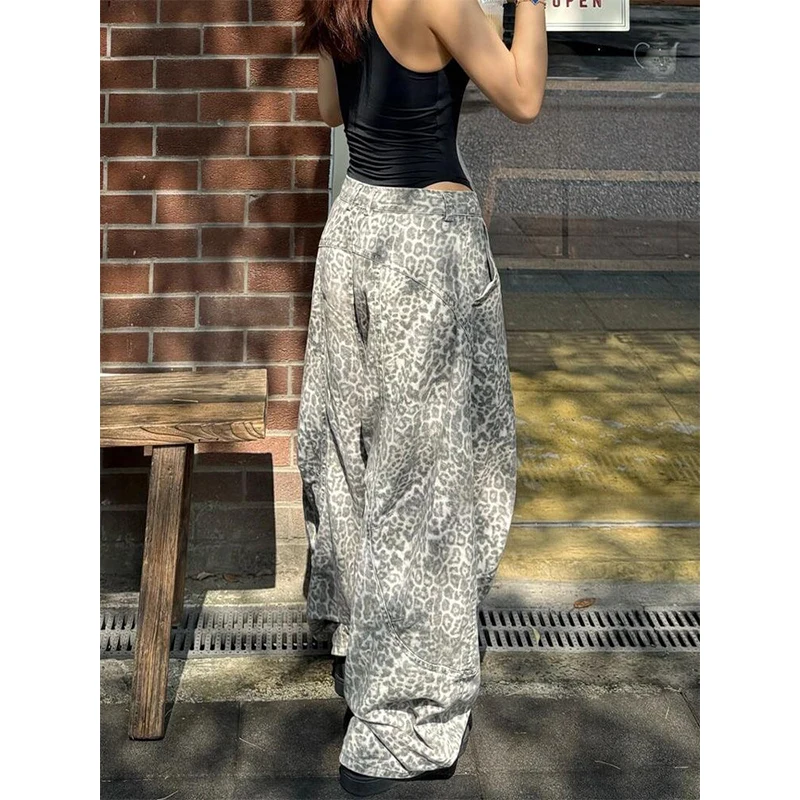 

Осень 202, женские джинсы в американском стиле ретро с леопардовым принтом, уличная одежда, свободные прямые брюки в стиле хип-хоп, широкие джинсовые брюки Y2K