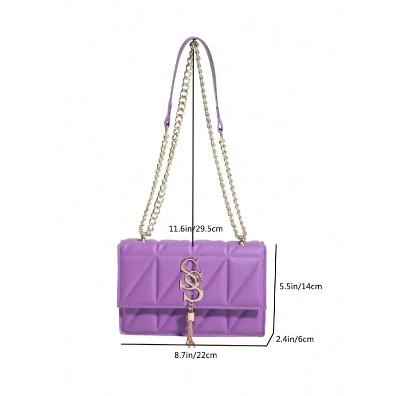 2024 New Women Shoulder Bags,Purple Plaid Stitching Crossbody Bag,Metal Tassel Ornament Small Square Bag, Handbags For Women