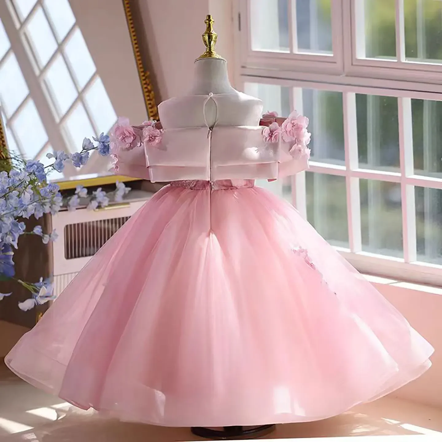 تخصيص جميل الوردي خارج الكتف زين تول الوردي زهرة فتاة فستان طويل للمناسبات الخاصة الزفاف مساء ثوب الحزب