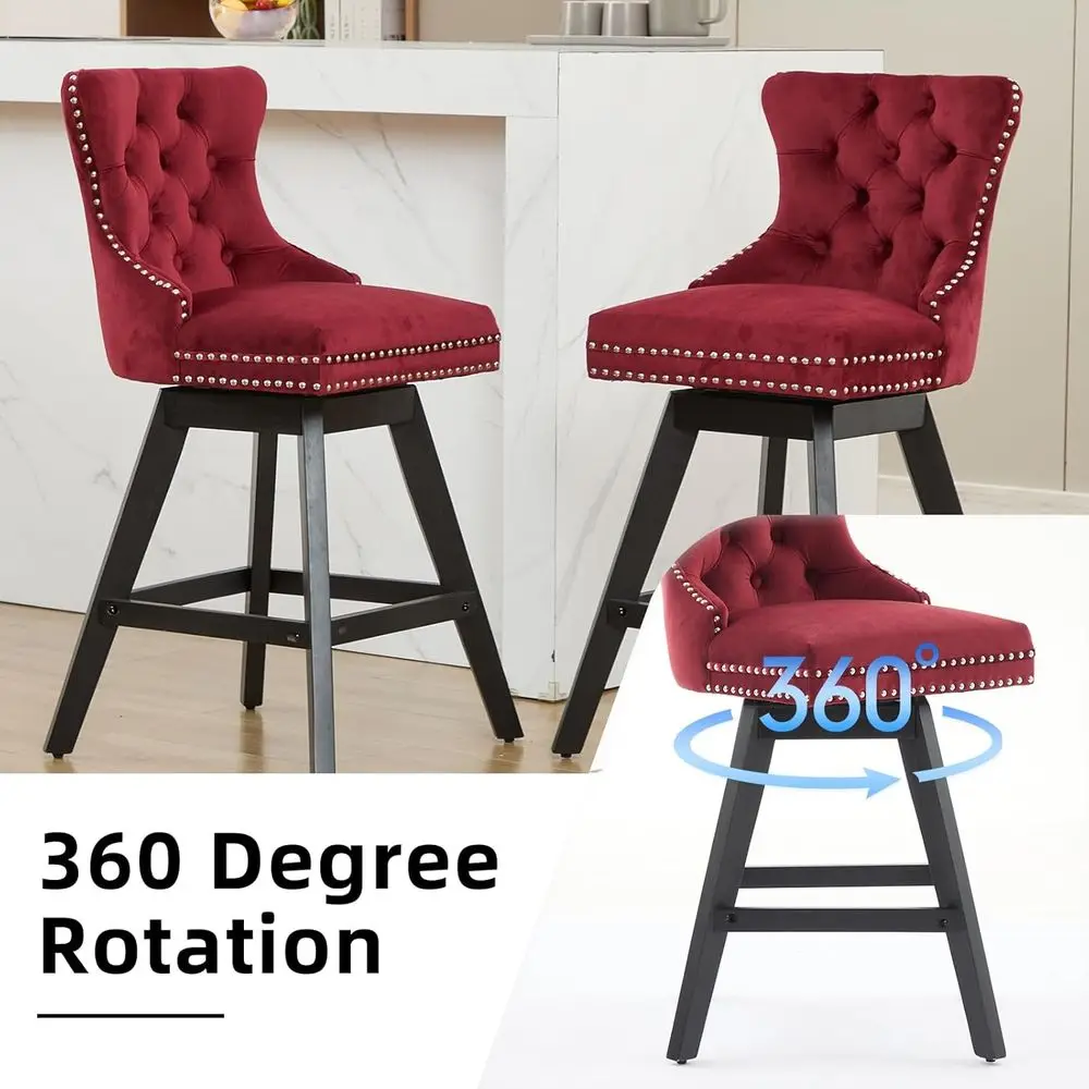 Swivel Counter Height Bar Stools Set of 2, Upholstered with Button-Tufted Back, Rivet Trim, Solid Wood Legs, 26 Seat Height, Win view 6