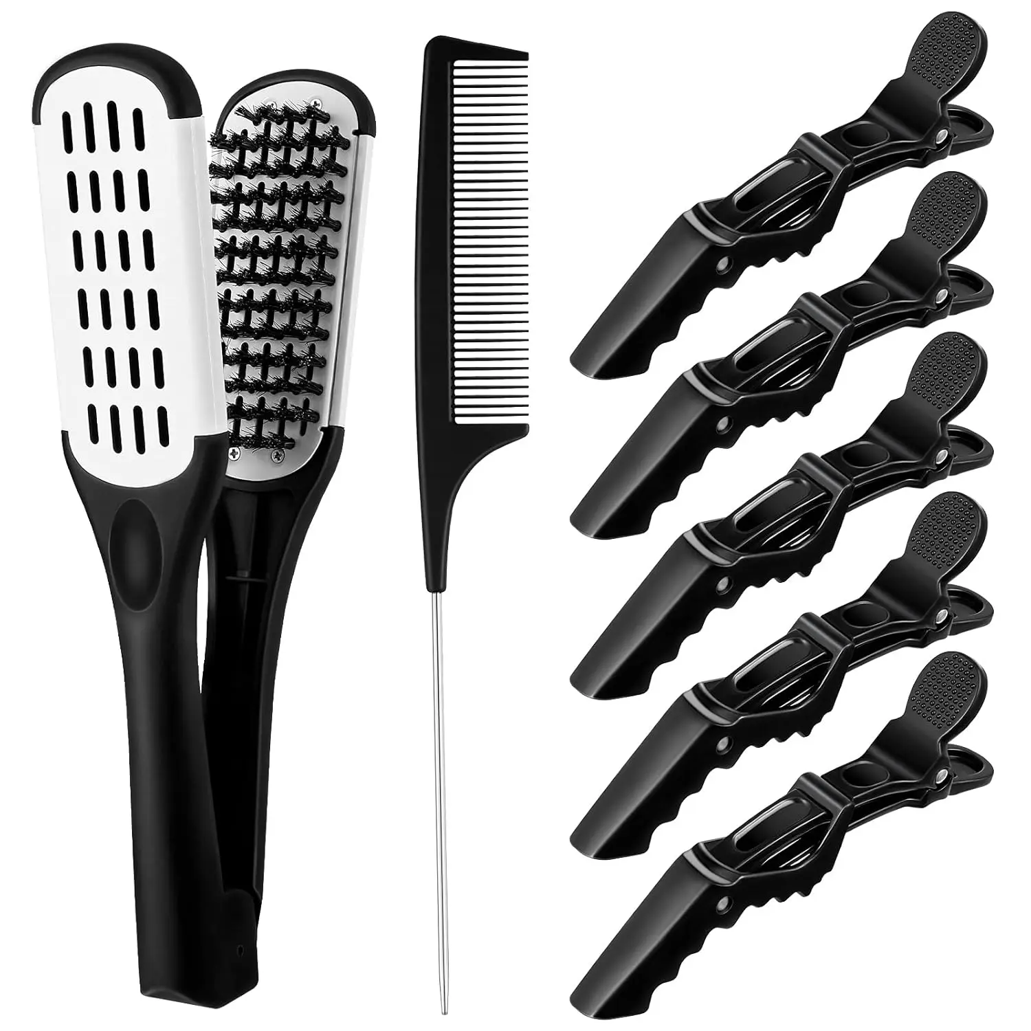 

Hair Straightening Brush Set with Boar Bristle Clamp Comb, 5 Alligator Clips, Rat Tail Comb for Styling