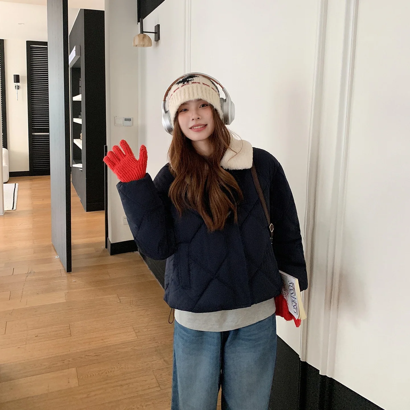 Trendy Cotton Jacket for Women New Winter Horn Button Cotton-padded Coat Korean SplicWool Collar Thickened Coat Warm Outerwear