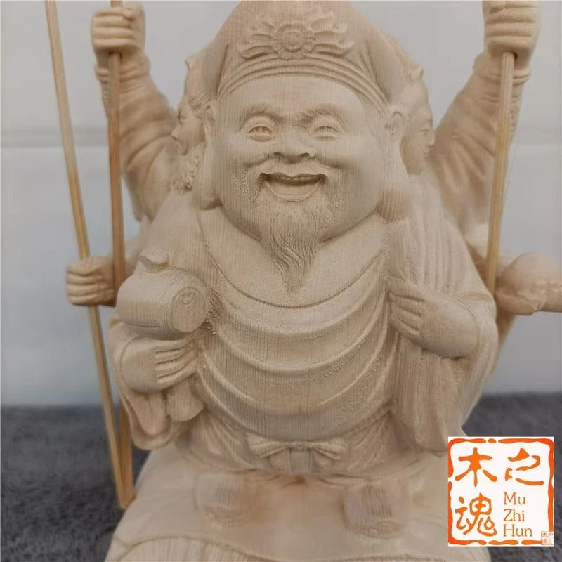 Solid wood crafts, carved God of Wealth decorations, home and office Feng Shui decorations, auspicious decorations, gifts