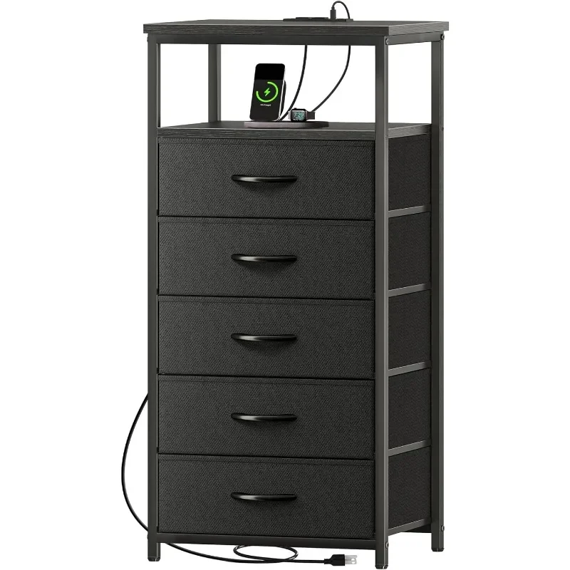 5 Drawers Dresser with Charging Station, Dresser for Bedroom, Tall Night Stand, Chest of Drawers with Open Shelf, Bedside Table