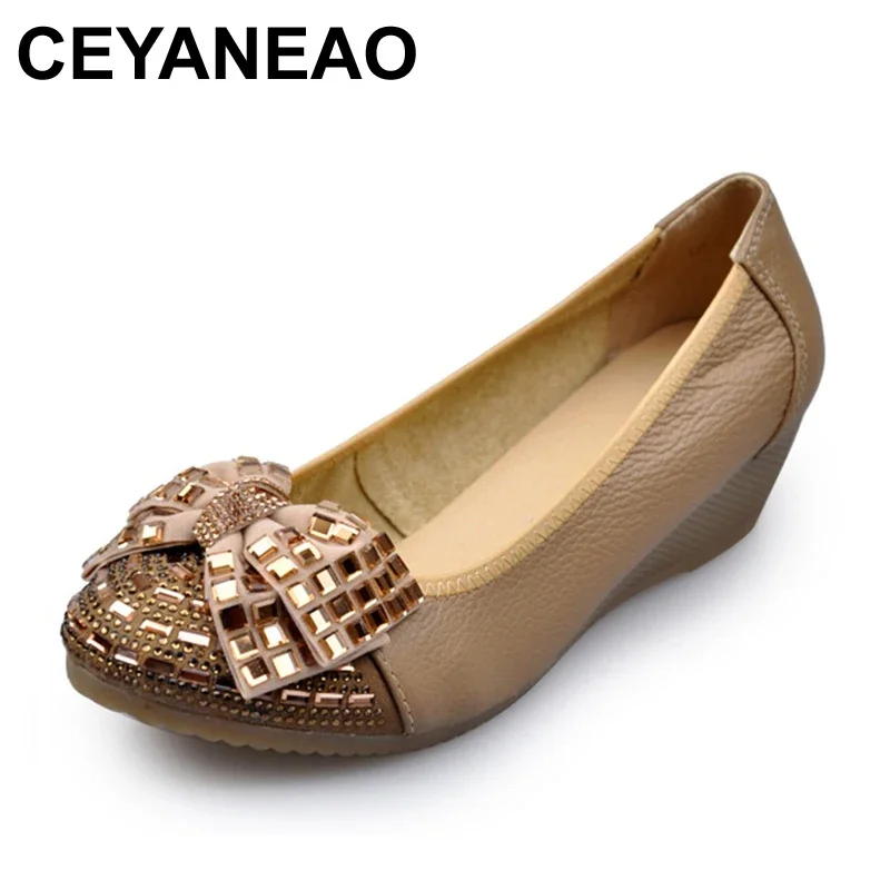 CEYANEAO  New Fashion Bowknot Women\'s shoes & Pumps Woman Genuine Leather Wedges Shoes Elegant Crystal High Heels