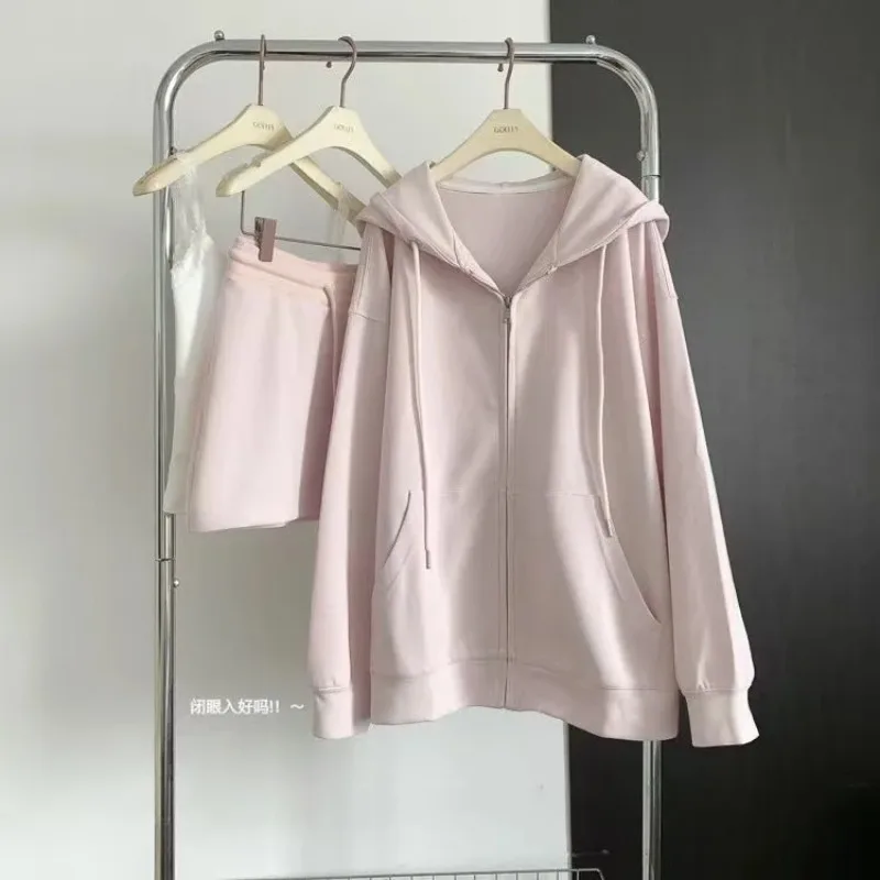 Autumn New Women's Loose Zip Up Hooded Sweatshirt and Short Skirt Two-piece Set Korean Fashion Casual Hooded Cardigan Coats Y2k