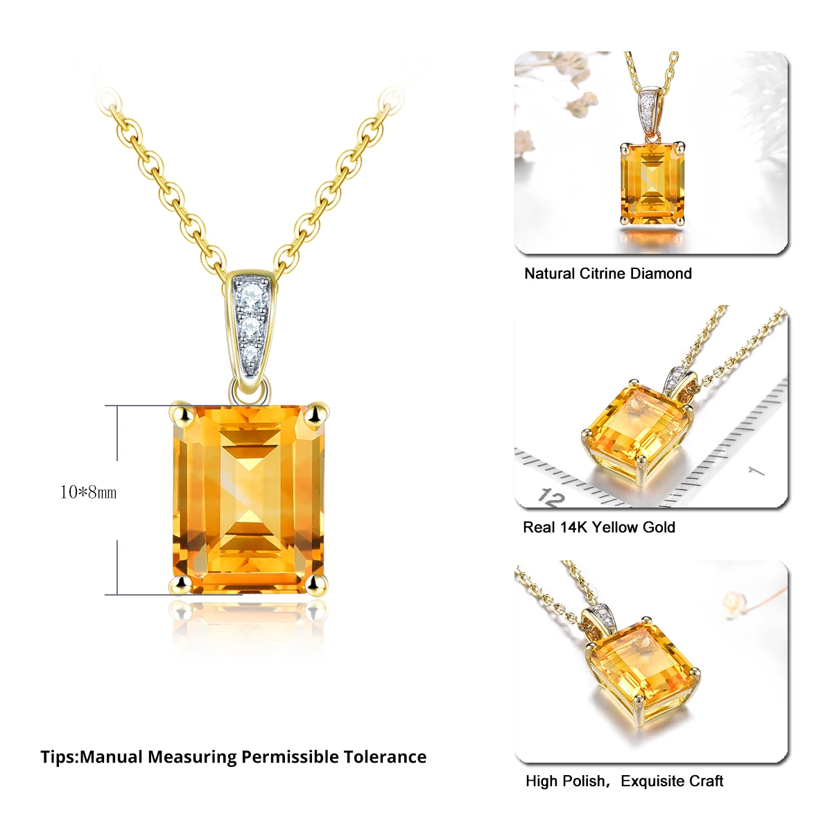 Lohaspie Natural Citrine Diamond Real 14K Yellow Gold 3.6 Carats Genuine Gemstone Classic Exquisite Women's Fine Jewelry