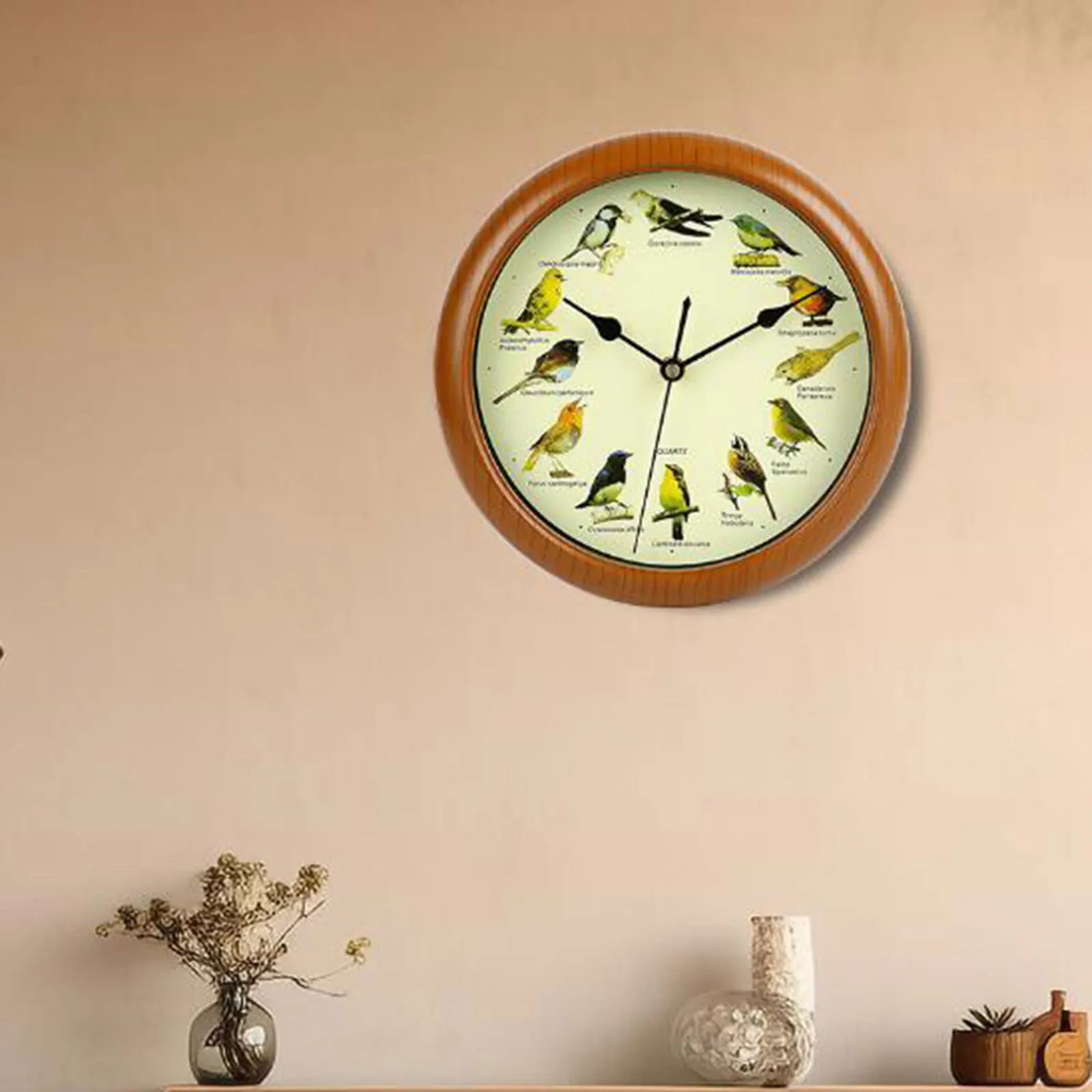 25cm Musical Birds Wall Hanging Sound Clock Room Decoration Green Frame for Bedroom Office Household Interior Decor