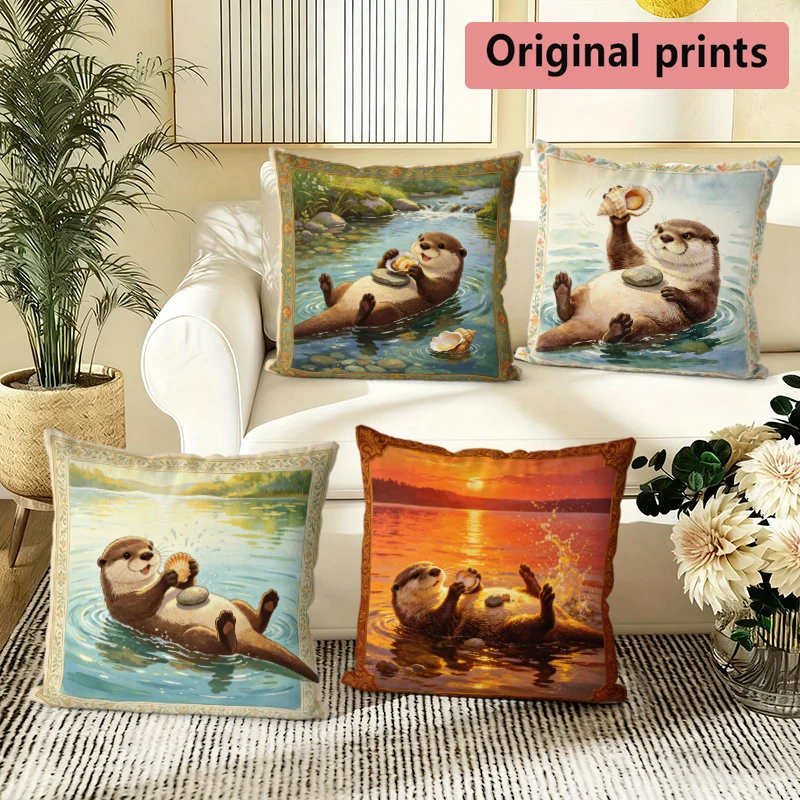 

Cute Otter Printed Square Throw Pillow Cases Pattern Cushion Cover Suitable For Sofa Bedroom Car Pillow Cover