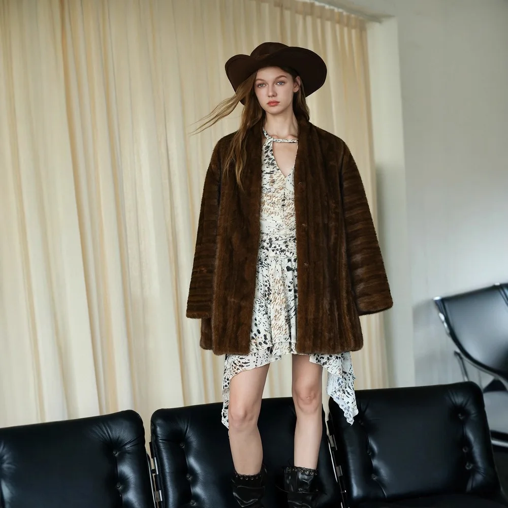 Vintage المرأة الشتاء تقليد الفراء سترة منتصف طول الصلبة الوقوف طوق الإناث معطف فرو المنك Y2K مزاجه Ladt ايكو معطف الفرو