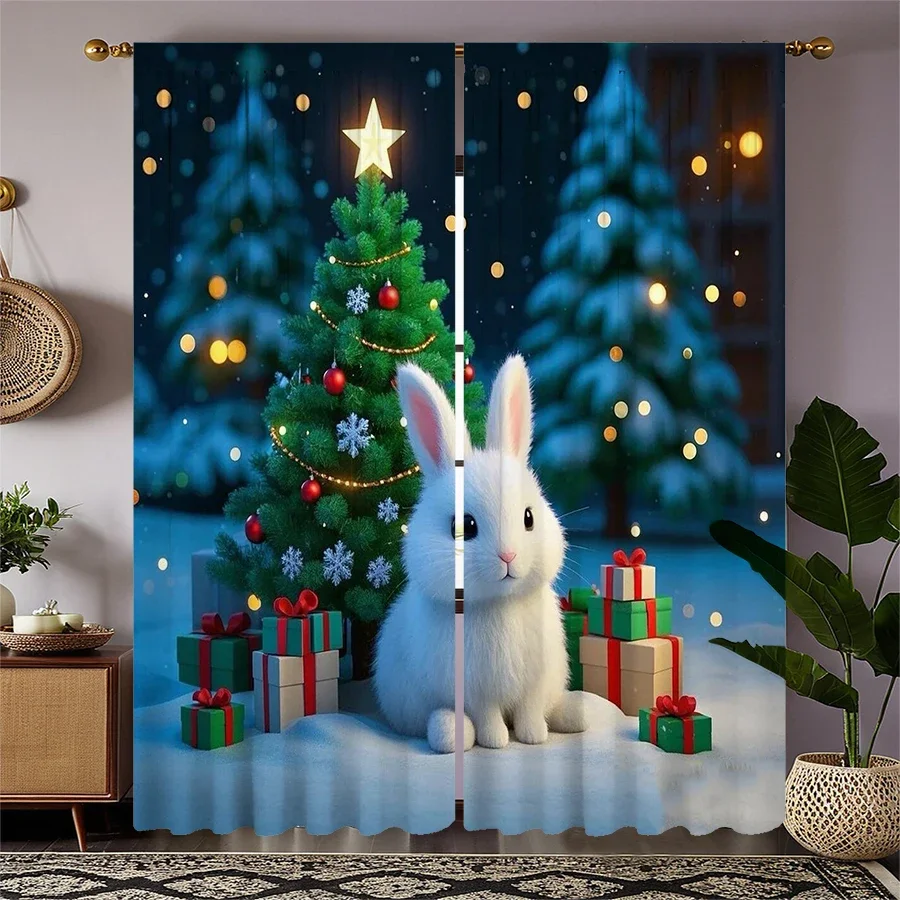 2 PCS - Christmas tree, Christmas snowflake pattern printed curtains, Christmas decorations, home decorations, room decorations