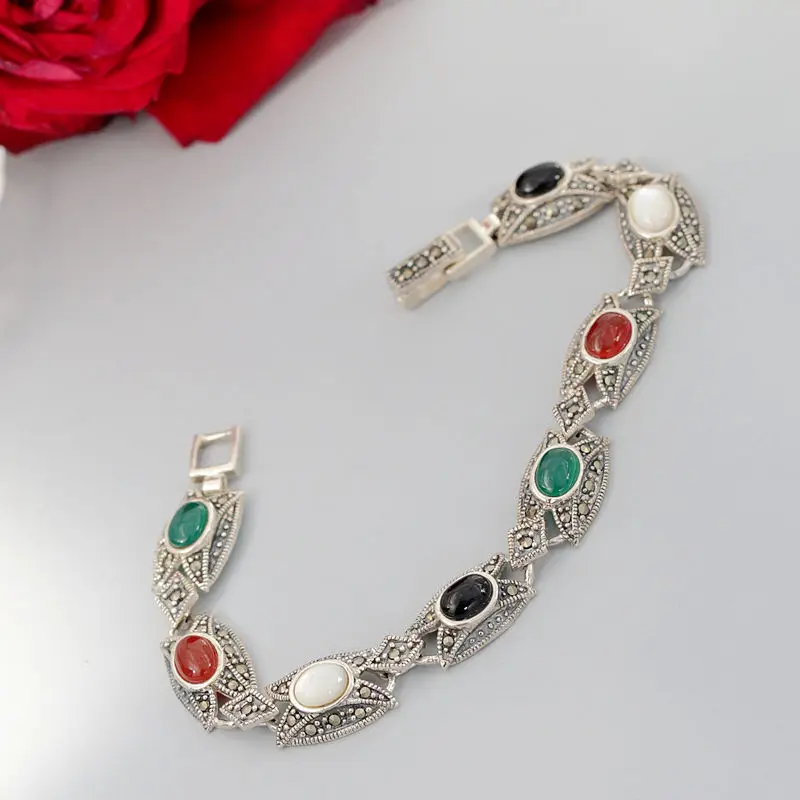 

Exquisite 925 Sterling Silver Bracelet Retro Style Thai Silver Inlaid Natural Agate Shellfish Bracelet Women Fine Jewelry Gift