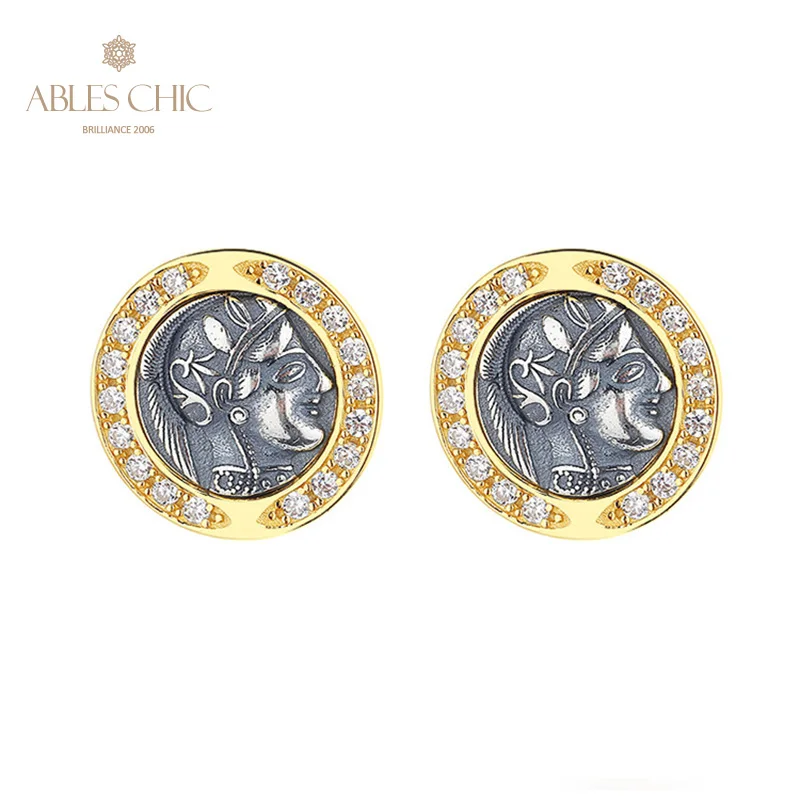 

Athena Greek Coins 18K Gold Two Tone Solid 925 Silver CZ Accent Halo Drop Earrings E1056