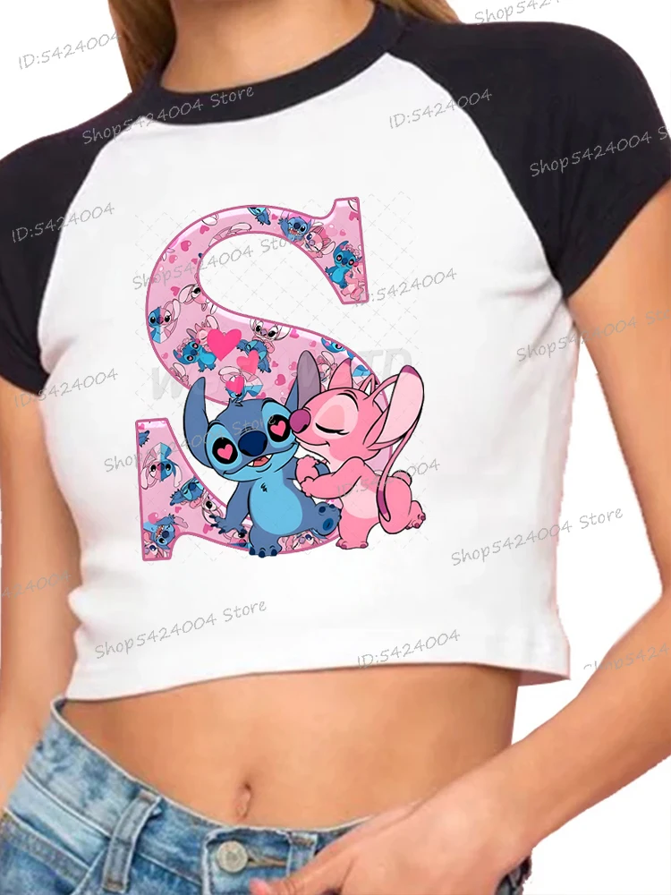 

Y2K Stitch Letter Anime Tops Women Fitness Clothes Short Sleeve Yoga Shirt Sexy Slimming Stitch Miniso Brand Crop T-shirts