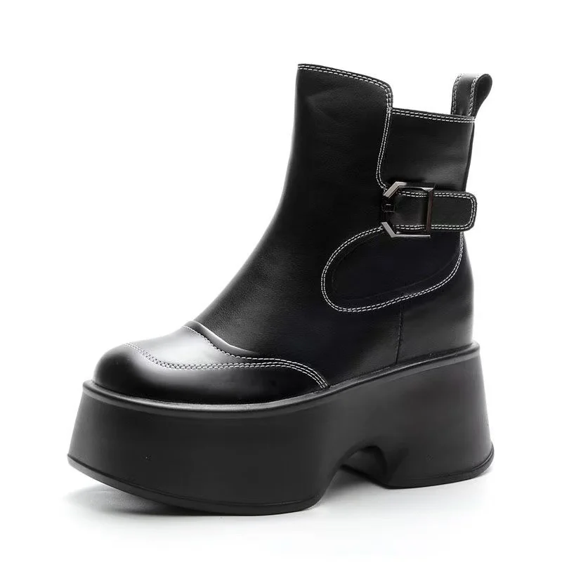 

2025 New 11cm Women Combat Boots Ankle Booties Platform Sneakers Spring Autumn Warm Fur Winter Genuine Leather Women Shoes Boot