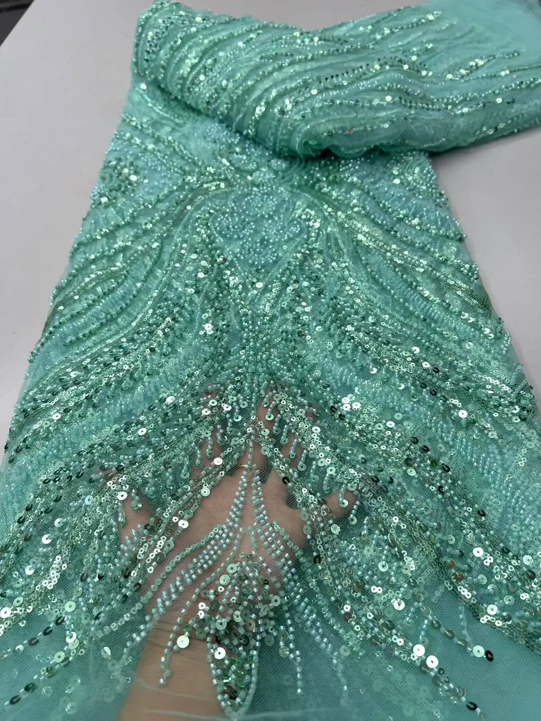 

Green Sequin Luxury Beads Lace African 2025 High Quality 5 Yards Handmade Sequins Fabric Nigeria For Evening Party Wedding