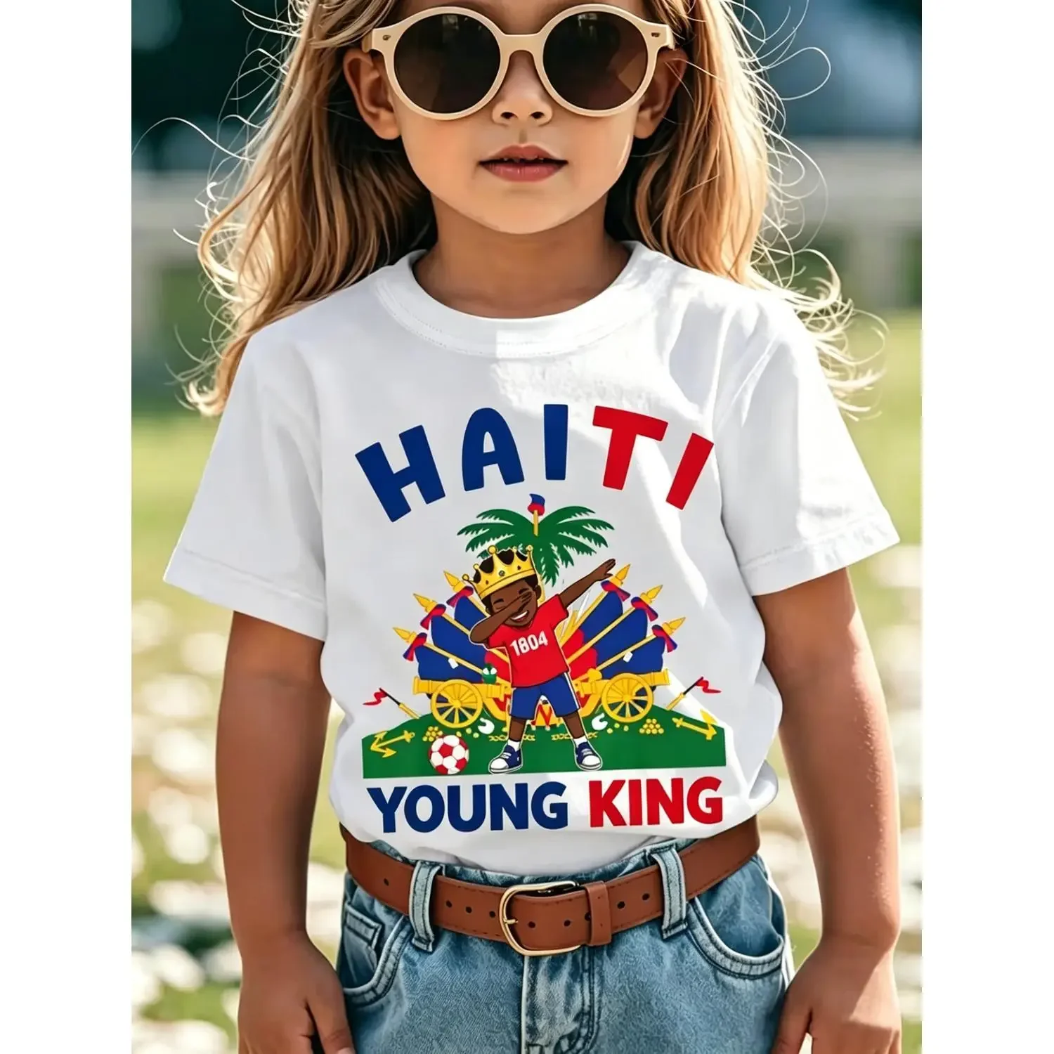 Kids Cotton T-Shirt Featuring Haitian Flag Day Design Soft Breathable Round Neck Casual Tee for Celebrations and Cultural Events Perfect for Black Boys and Girls