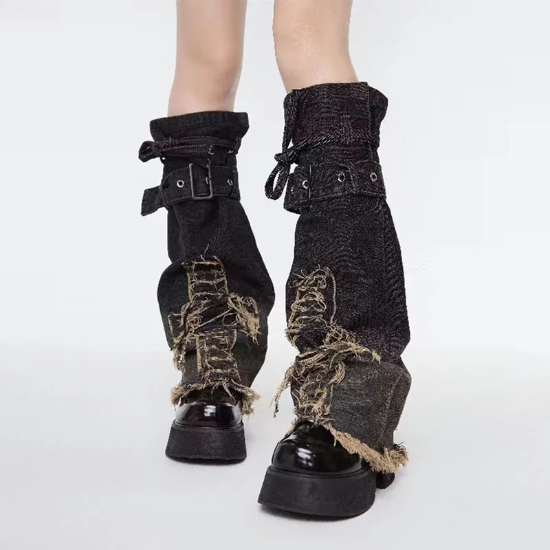 Women s Denim Leg Warmers Punk Style Leg Warmers Ripped Long Socks Casual Boot Cuffs Streetwear