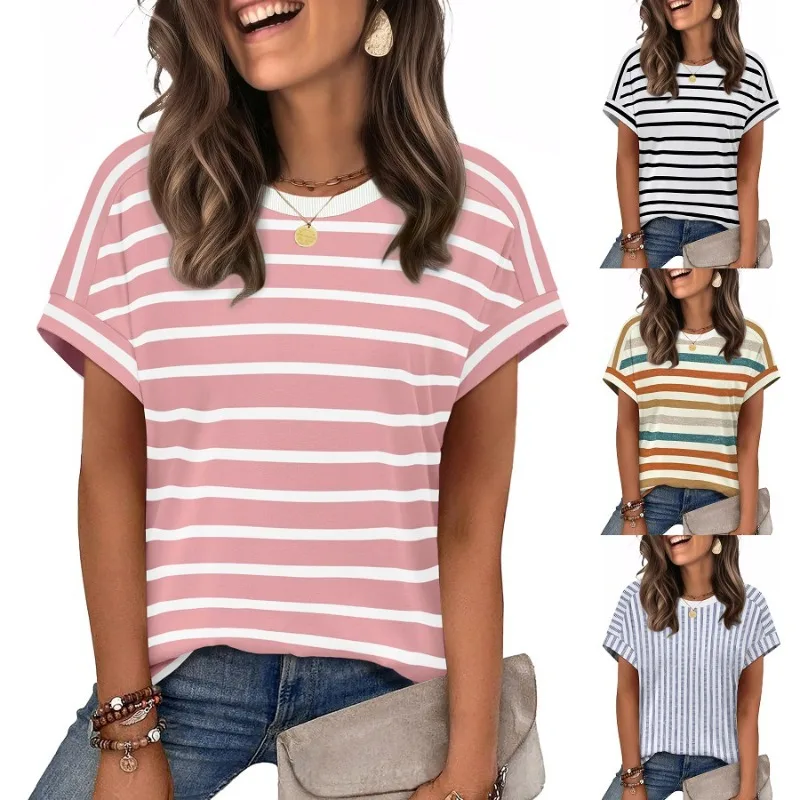 

Women's T-shirt new summer short sleeved round neck T-shirt loose casual breathable striped top
