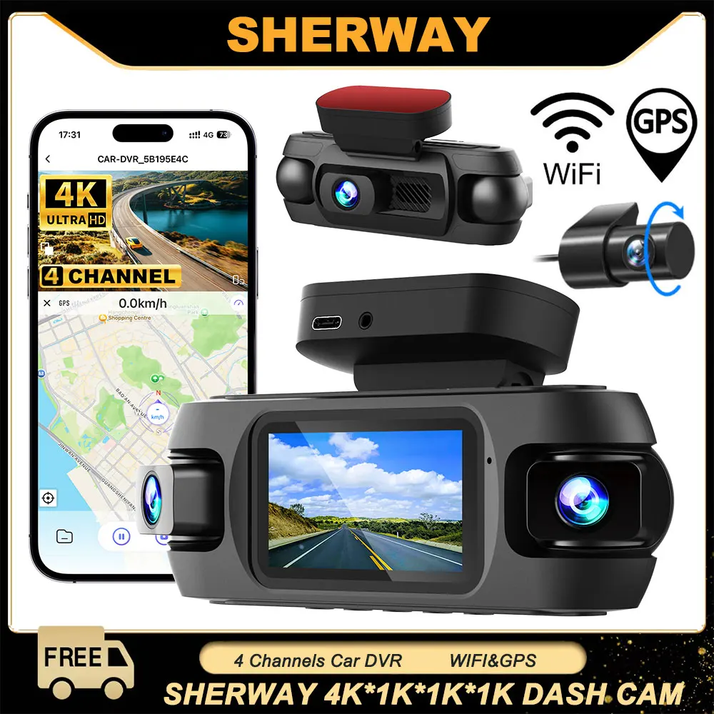 Caméra de tableau de bord 4K 4 canaux pour voitures 360 °   Dashcam 4 objectifs 1080p avant gauche droite arrière voiture DVR intégré Wifi GPS WDR caméra de Vision nocturne