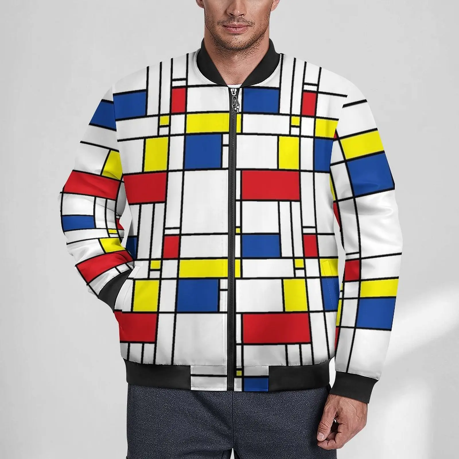 

Mondrian Print Jackets Winter De Stijl Modern Art Kawaii Casual Coats Mens Hooded Loose Windbreak Graphic Big Size Jacket
