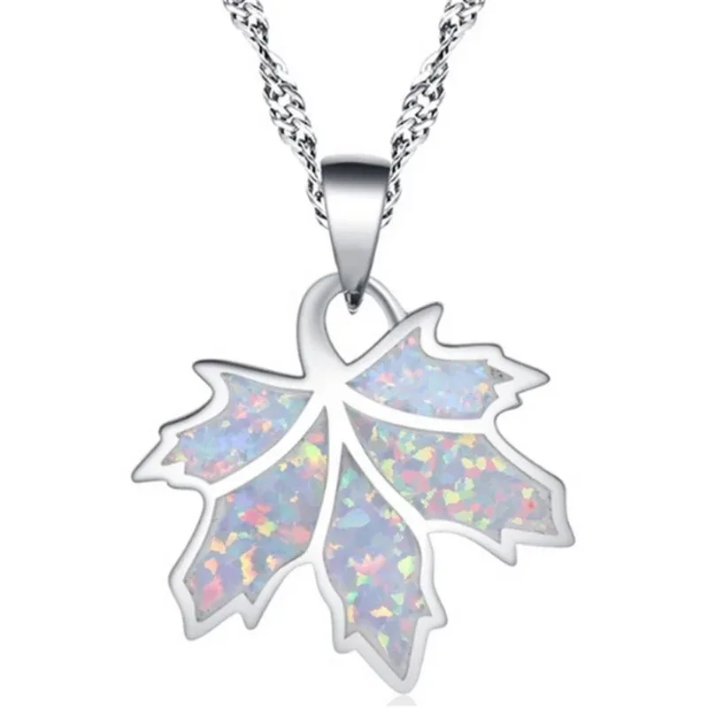 Fashion Silver Simulated Opal Blue White Leaves Pendant necklace for women Marriage Jewelry