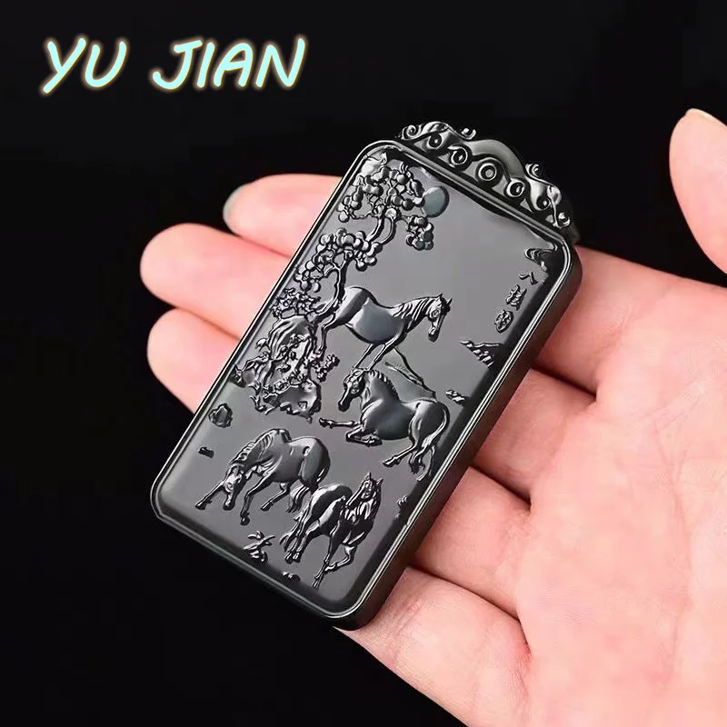 New Hetian Natural Sapphire Hand-Carved Eight Horses Black And Green Pendant Jadeite Fashion Necklace With Chain Fine Jewellry