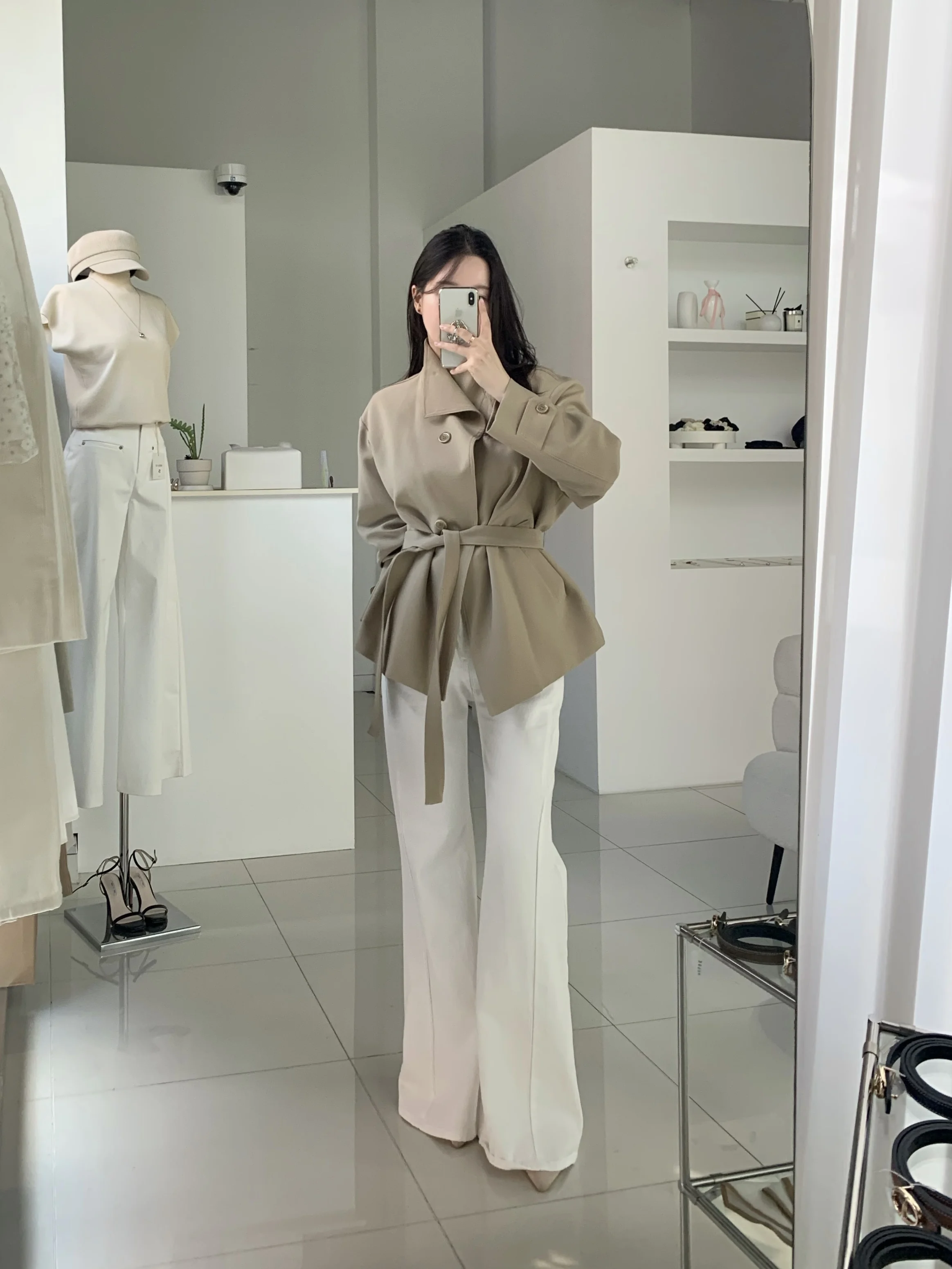 

2Colors Belt Lace Up Short Trench Coat Women Elegant Full Sleeve Turn Down Collar Loose Vintage Jacket Autumn High street(JL5218