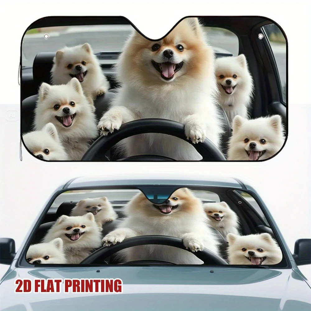 

1pc Pomeranian Road Trip Car Sun Visor - Heat-Blocking Sunlight Blocking, 2D Flat Printing Dog Design, Fit For All Vehicles, Lon