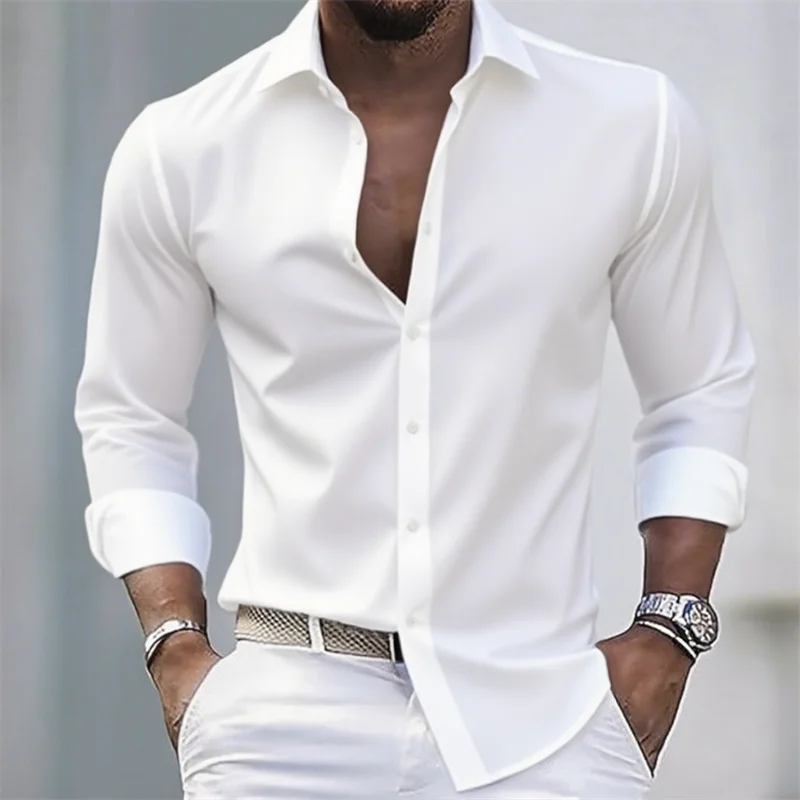 

Solid color men's casual white shirt, fashionable casual long sleeve stretch fabric, business formal shirt, comfortable fabric