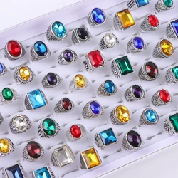 20Pcs/Lot Fashion Atmospheric Retro Multi-color Geometric Glass Turquoise Rings Temperament Men's Jewelry Party Gifts Accessorie