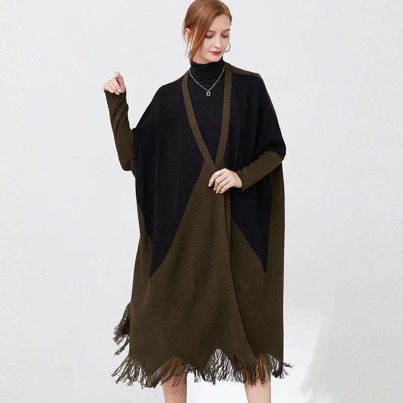 

Female new autumn and beiginning winter plus size fashionable original knitted outerwear splicing design tassel loose cardigan
