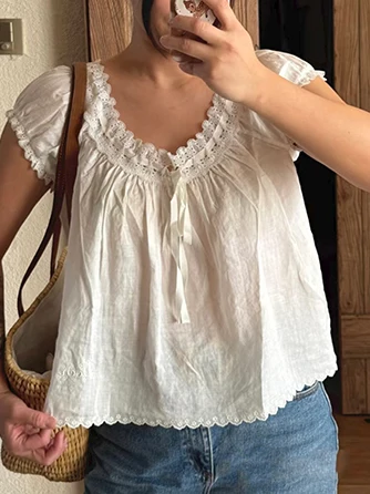 

Elegant French Style Loose Fit Ladies Pullover Shirt with Lace Trim Large round Necktie Spring Summer Lightweight Cotton Line...