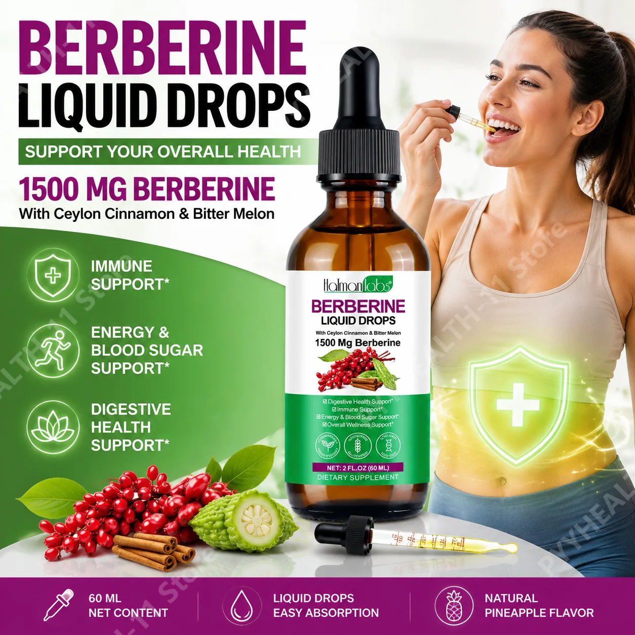 Hatmanlabs Berberine liquid drops,Antioxidant and Anti-Fatigue,Promotes Digestion,Regulates Metabolism,Vegan,for Adults,60 ml