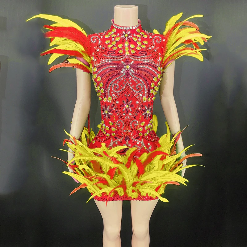 9 couleurs brillant strass robe femmes plume épaule robe anniversaire célébrer Costume femmes tenue robes de soirée XS5690