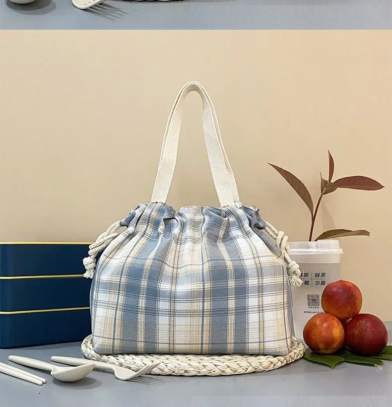 Karierte Handtasche mit Kordelzug, wasserdicht, ölbeständig, Lunchtasche, tragbare Kosmetik-Aufbewahrungstasche, modische Tragetasche – Detail 11